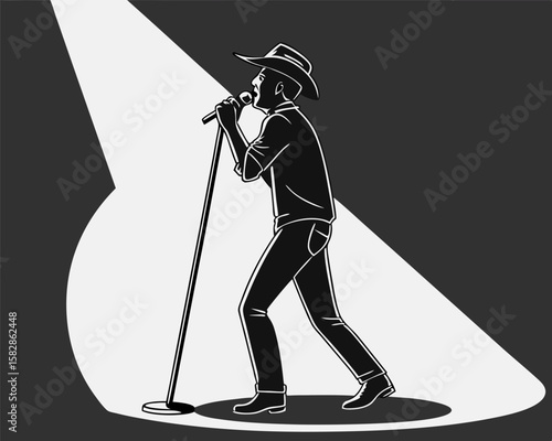 Country singer performing on stage under bright spotlight silhouetted illustration
