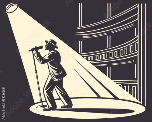 Jazz singer performing under spotlight vintage illustration in a theater setting