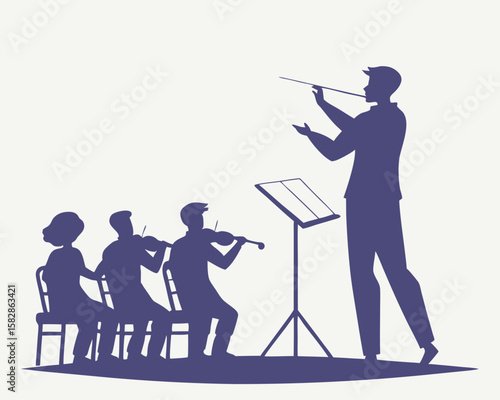Orchestra silhouette with conductor and musicians playing violins on a white background