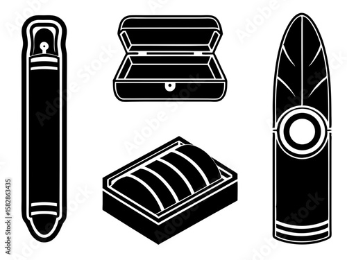 Stylized black and white icons of cigar accessories and tobacco products