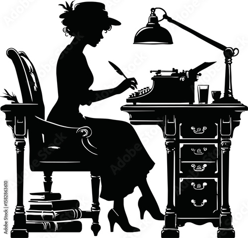 Silhouette of writer at vintage desk isolated vector style on white background