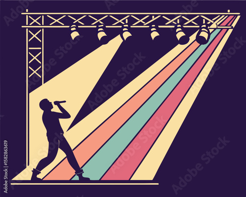 Retro music concert illustration silhouetted singer performing on stage with lights