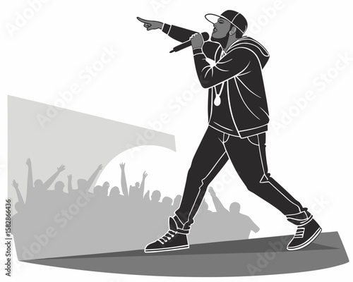 Silhouette of a rapper performing on stage with an enthusiastic crowd