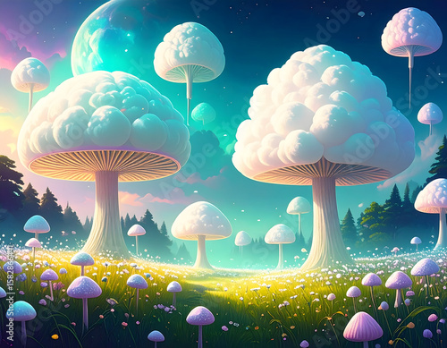 fantasy landscape with mushrooms and clouds