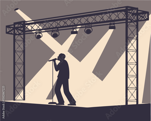 Silhouette of a singer performing on stage under spotlights with transparency