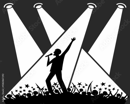 Silhouette of a singer performing on stage with spotlights and cheering audience