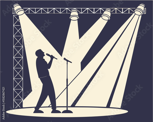 Silhouette of a singer performing under stage lights on transparent background