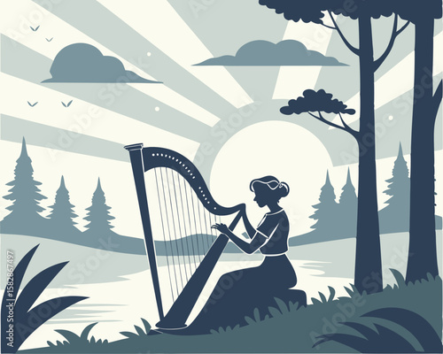 Silhouette of a woman playing a harp in a serene forest landscape scene
