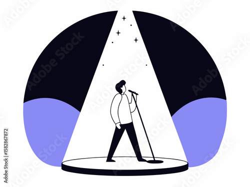 Singer performing on stage under spotlight with minimalist illustration design