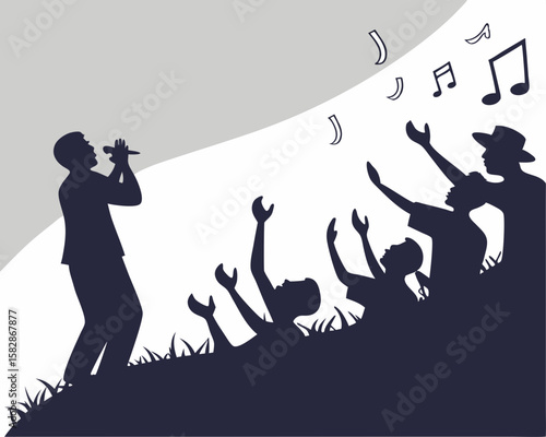 Singer performing for audience with uplifted hands and musical notes silhouette
