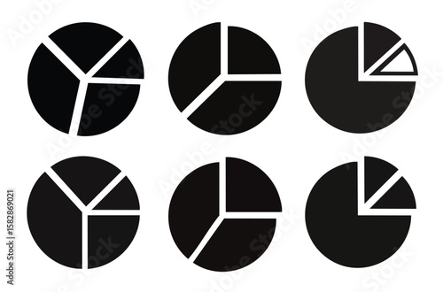 Pie Charts With Segments Representing Financial Data, Statistics, And Analytics, Flat Black Silhouette Illustrations On White Background, Minimal Vector Icon Set
