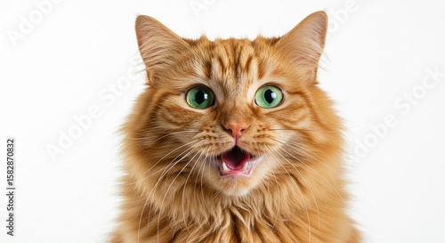 Astonished orange tabby cat with vivid green eyes and a wide open mouth against pure white background expressing surprise
