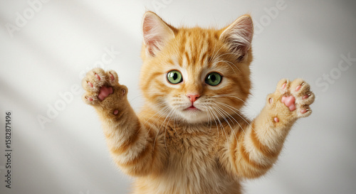 Charming ginger kitten with endearing green eyes and adorable paws reaching out, exuding innocence and playful charm, a captivating feline friend