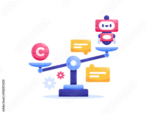The concept of copyright and AI regulations. Artificial intelligence policies and regulations. Laws on AI technology. Illustration of a cute robot on a scale. Justice. Flat design style. Asset element