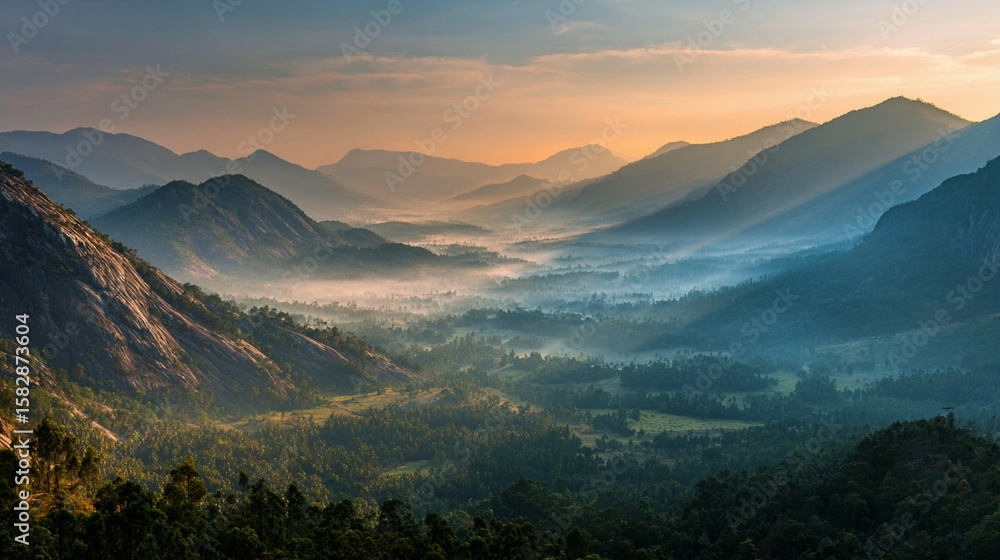 Fototapeta premium Majestic Mountain Valley Sunrise Panorama With Gentle Mist and Golden Light Descending Over Lush Greenery Background.