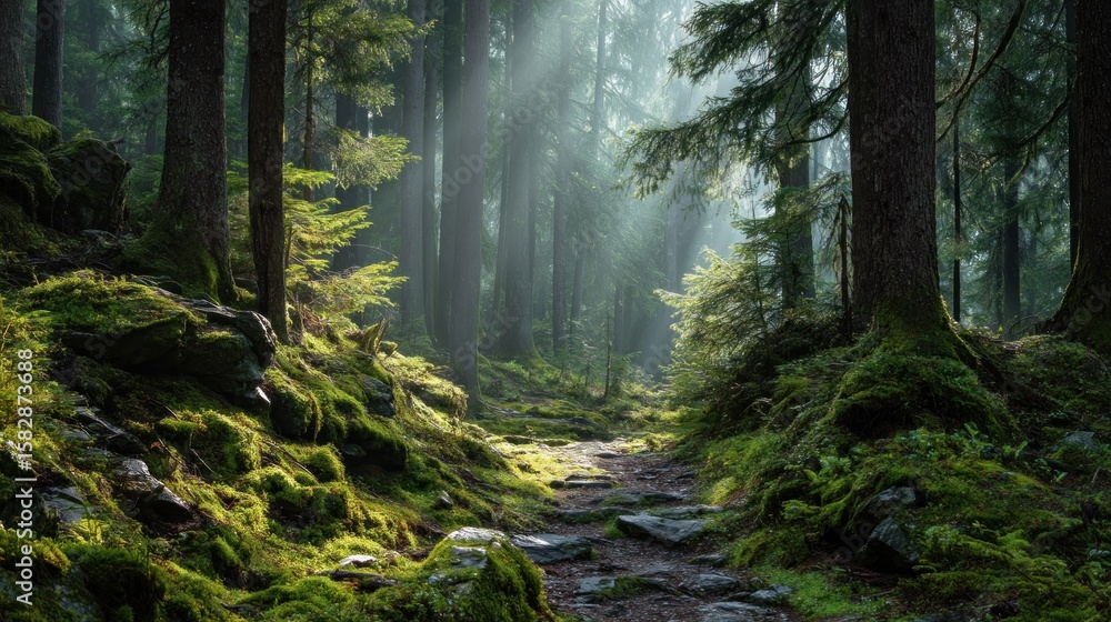 Sunbeams pierce a mossy forest path Sunbeams pierce a mossy forest path