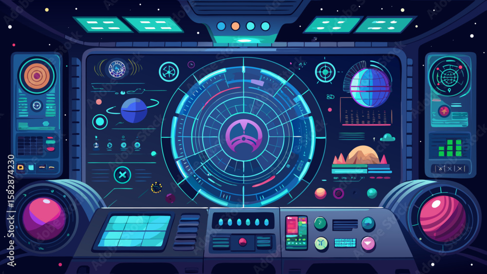 Fototapeta premium Space Station Dashboard Orbit Data Radar Lines Chrome Blue