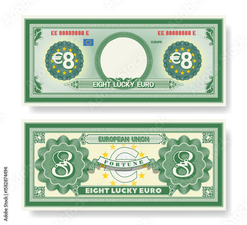Vector fictional beautiful banknote of 8 lucky euro. Obverse and reverse of note. Play money with empty circle, guilloche patterns and grid. Blank or sample of certificate. Business and fortune. Eight