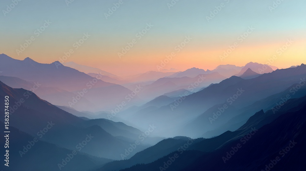 Obraz premium Majestic Mountain Valley Landscape Illuminated by Soft Sunrise Hues and Misty Layers Background.