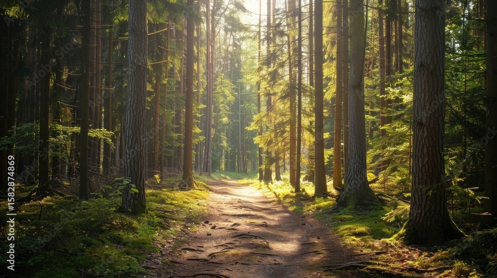 Fototapeta premium Dense forest path surrounded by tall trees and sunlight stock photo --ar 16:9 --raw --v 6 Job ID: 4539ccb0-4abc-45f2-96a2-d0369bbe4b97