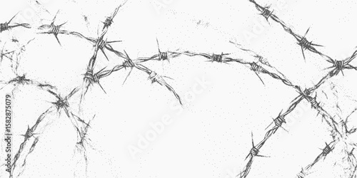 White background with a black barbed wire.Retro sketch with paper photocopy texture, threshold grain. Gritty halftone dots, noisy stipple shading.