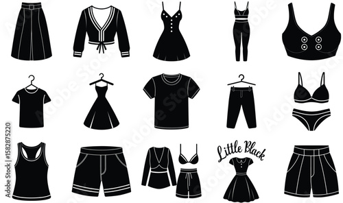 Black clothing collection featuring dresses skirts tops pants and lingerie fashion apparel