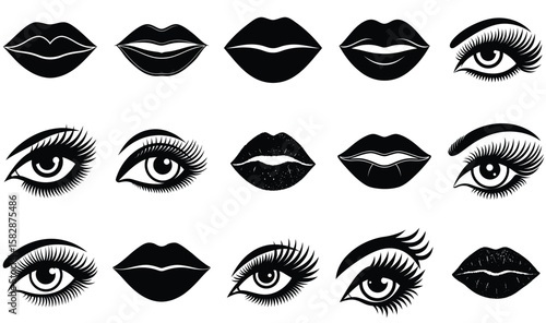 Black lips and eyes with long eyelashes and makeup beauty