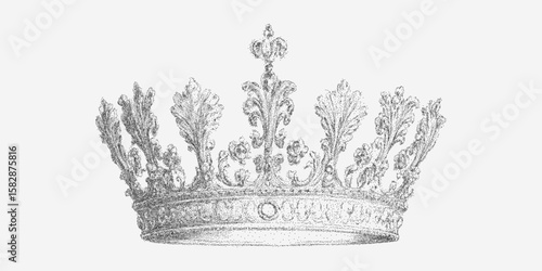 Crown made of dots. Retro pop art stipple sketch, paper photocopy texture, threshold.