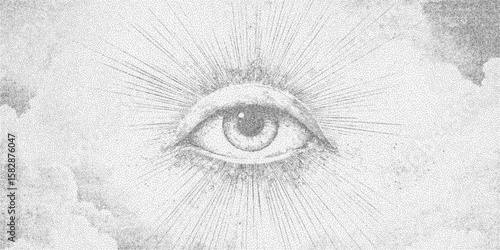 Blurry image of an eye with a black dot in the center. Retro stipple ink sketch with photocopy paper grain, rough threshold shading. Noisy gritty dot halftone effect.