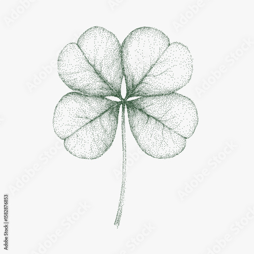 Green four leaf clover. Ink sketch with stipple shading and noisy halftone. Rough photocopy paper grain, lofi retro print feel.