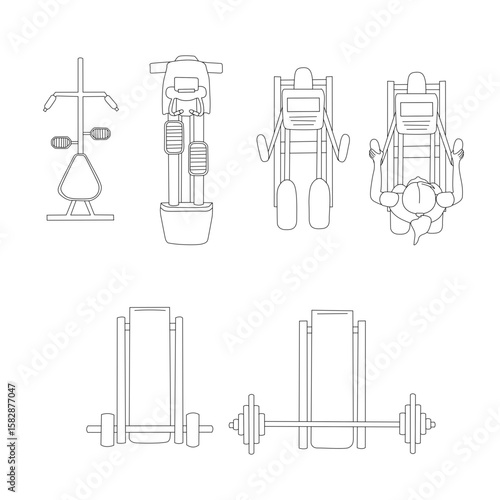 Vector Top View of Gym Scene with Exercising People and Workout Machines — Fitness Room Elements