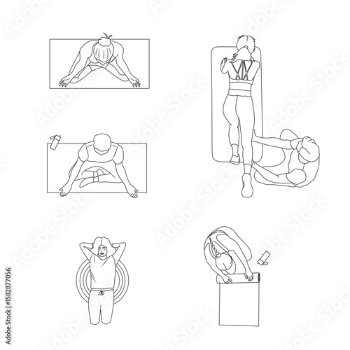 Flat Top View Illustration of Gym Equipment and People Training — Vector Fitness Design Pack