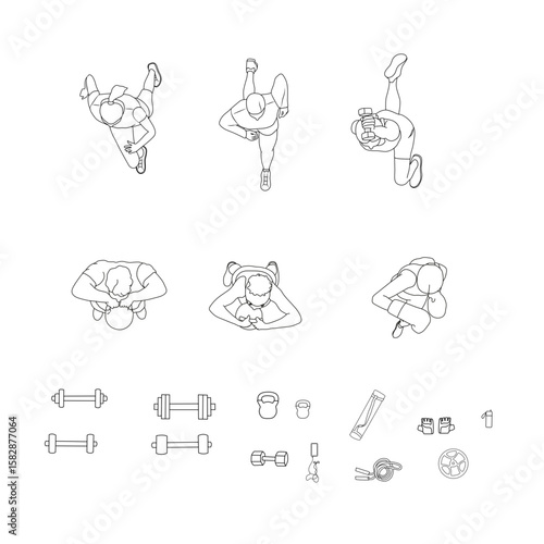 Flat Top View Illustration of Gym Equipment and People Training — Vector Fitness Design Pack