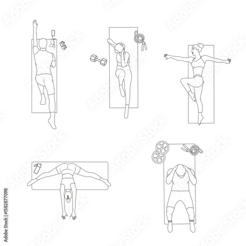 Top View Vector Set of People Working Out in Gym with Fitness Equipment — Gym Layout Illustration