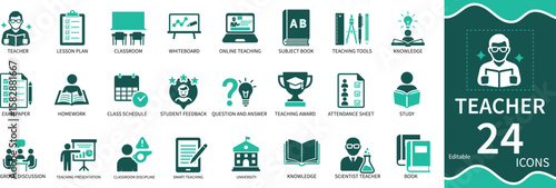 Flat icon set of teacher, classroom, school, student, blackboard, and online class. Perfect for education and training use..