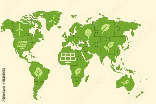 Green jigsaw world map puzzle with solar panels, wind turbines, and trees, promoting environmental conservation, sustainability, clean energy, and climate change awareness concept.