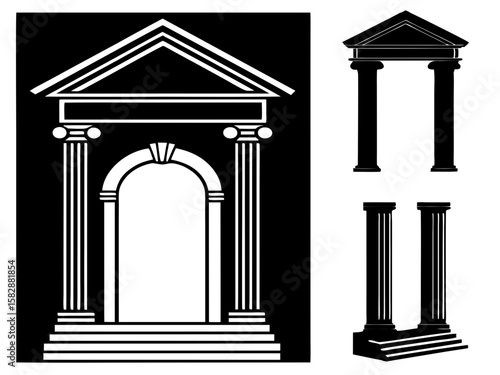 Classical architectural elements featuring columns and arches in silhouette