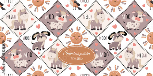 Modern, fashionable, seamless pet drawing. Dog, horse, cow, bird, and animal sounds. Vector design for fabric, wallpaper, wrapping paper, and more.