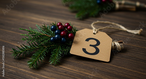 Festive Third Day Arrangement with Evergreen Sprig and Berries on Rustic Wood Backdrop, Representing Holiday Countdown