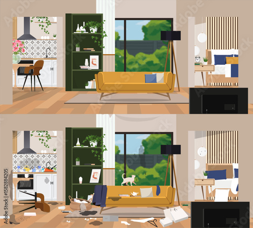 Dirty and clean room. Room before and after cleaning. Flat graphic, vector illustration