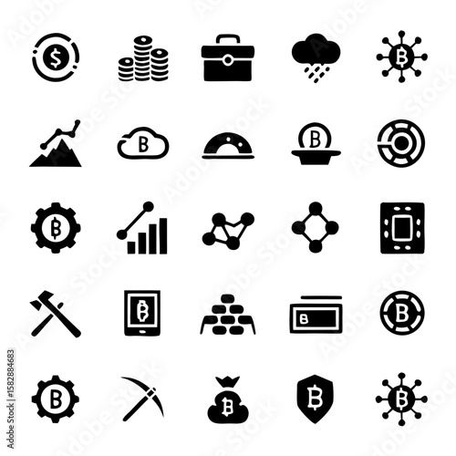 Blockchain & Crypto Icons – Coins, Wallets, Charts & Mining Gear in Digital Finance Vector Set for Web3, NFTs & FinTech Branding