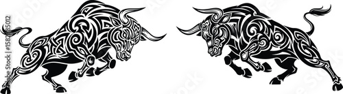 Dual Tribal Bull Designs in Black and White A Bold Tattoo or Graphic Statement Embodying Strength and Power