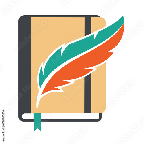 A colorful quill pen rests on a closed journal, diary or notebook, symbolizing writing, creativity, storytelling, and literary pursuits