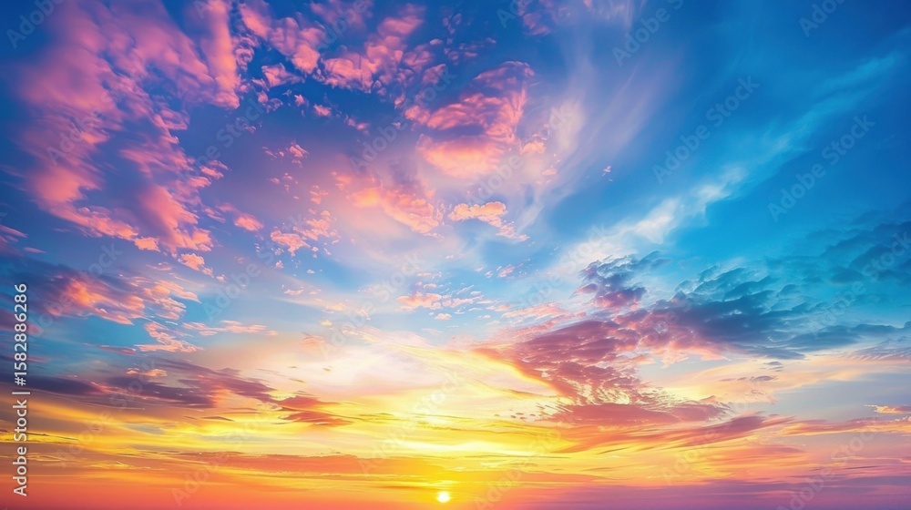 Obraz premium Sunset sky filled with streaky, colorful clouds stock photo --ar 16:9 --raw --v 6 Job ID: 234f863a-663a-46a3-89f0-61c6002b0f11