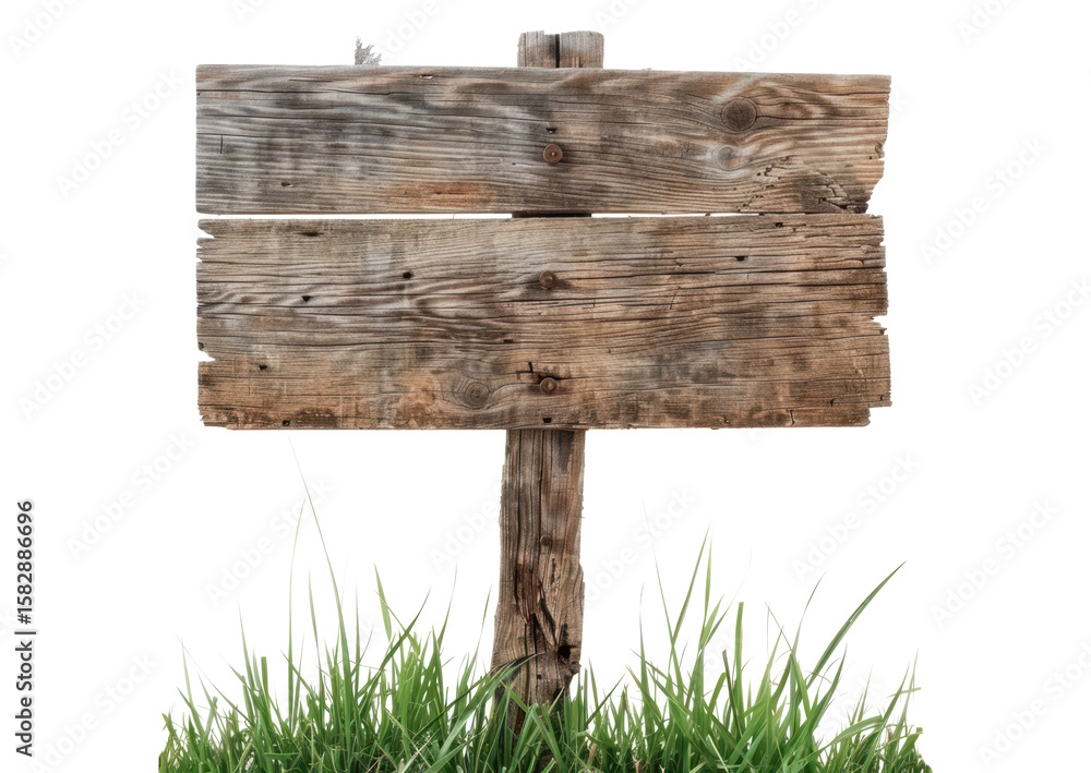 Fototapeta premium old wooden sign with grass for text copy space isolated on white or transparent png