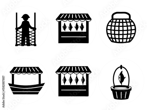 Collection of market stalls and fishing related icons on black background