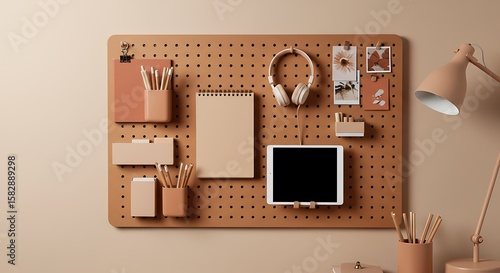 Organized workspace with pegboard, stationery, tablet, and headphones.