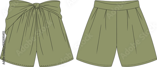 Olive green women’s shorts with stylish front knot drape and pleated design, fashion flat sketch front and back view illustration
