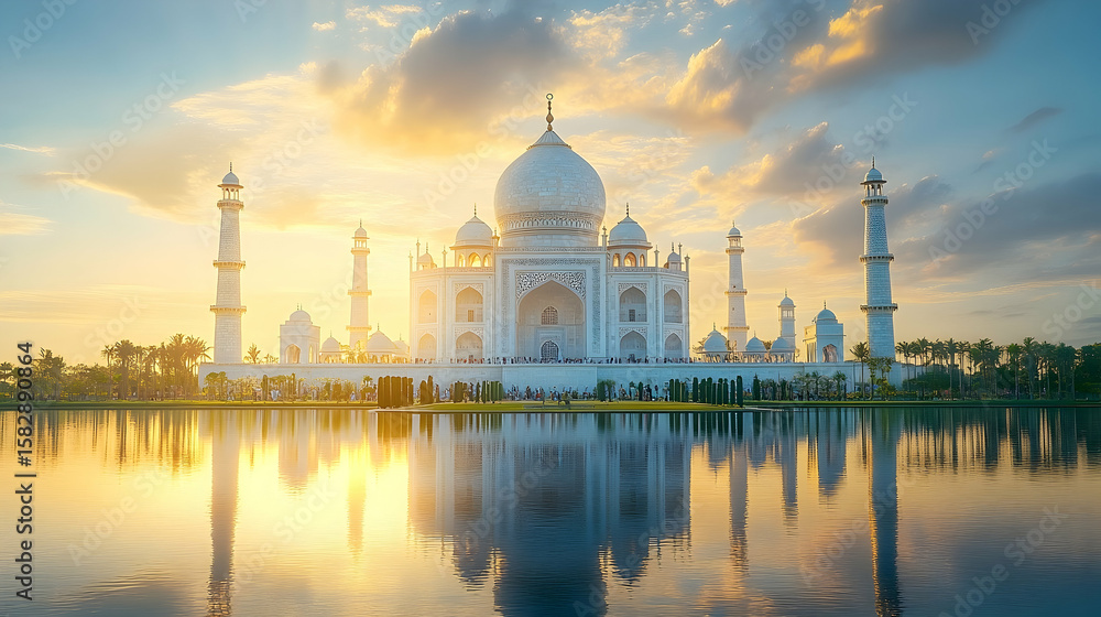 Fototapeta premium Taj Mahal's ethereal reflection shimmers in the water at sunset,