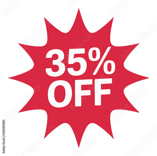 Red starburst discount badge with bold white text offering 35 percent off for promotional use